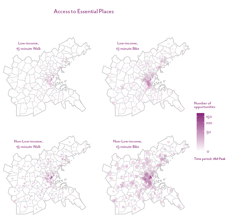 Figure 25 is a map that shows the number of essential place opportunities accessible within a 15-minute bicycle or walk trip for the low-income and non-low-income populations living in the Boston region.